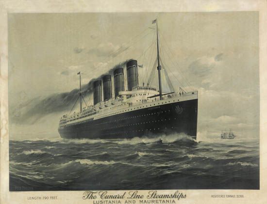 (CUNARD LINE.) Lusitania. The Cunard Line Steamships Lusitania and Mauretania. Length 790 Feet. Registered Tonnage 32,500.